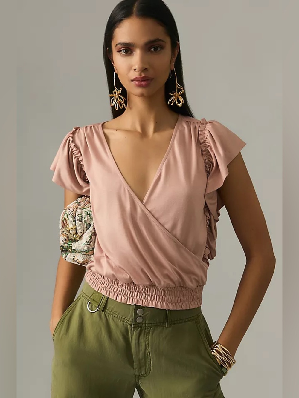 Anthropologie Blush Pink Wrap Top with Ruffle Sleeves